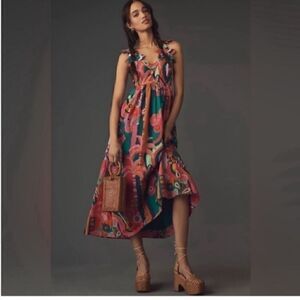 NEW Farm Rio x Anthropologie Pleated Palm Cutout Midi Dress XS